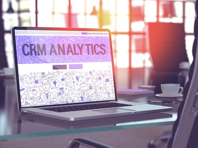 CRM Analytics - Closeup Landing Page in Doodle Design Style on Laptop Screen. On Background of Comfortable Working Place in Modern Office. Toned, Blurred Image. 3D Render.-1