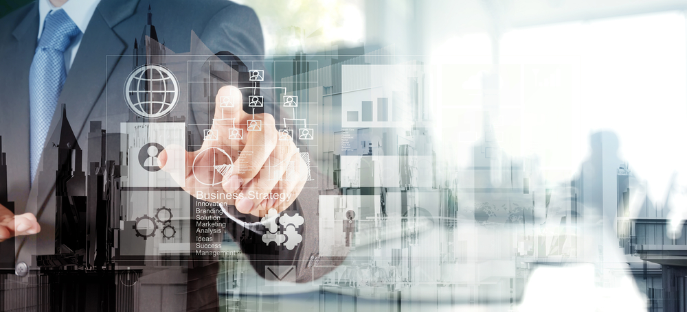 Double exposure of  businessman hand working with new modern computer and business strategy as concept-2