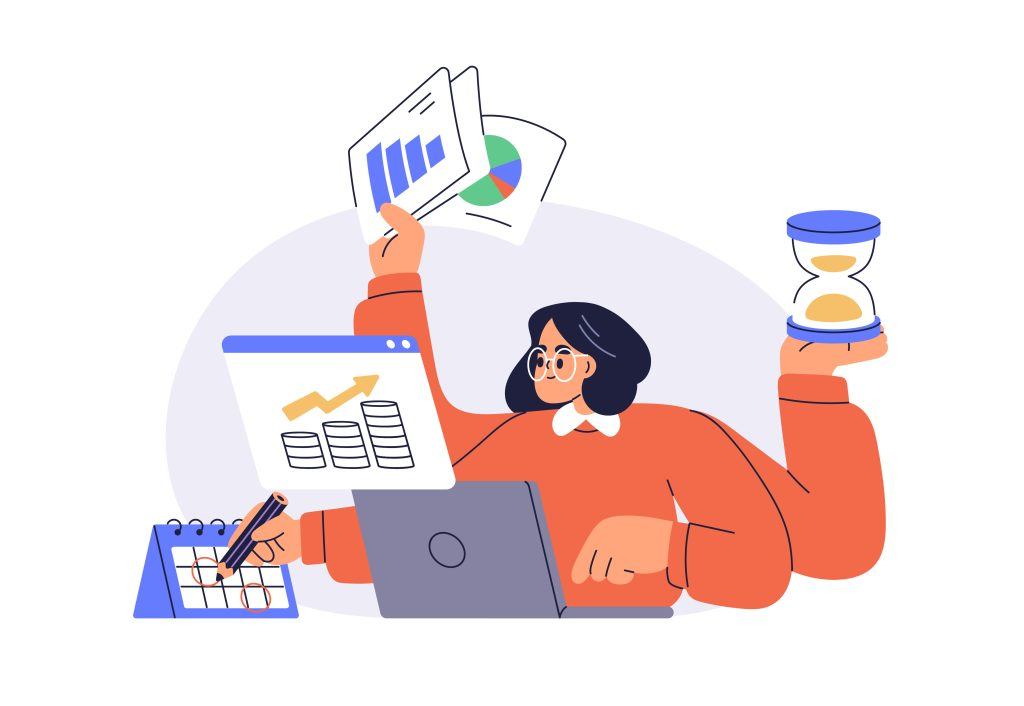 複数の作業を同時にこなす女性のイラスト 