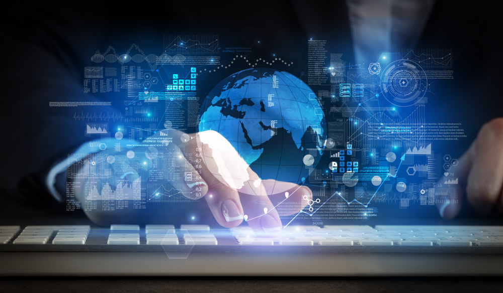 Business woman typing on keyboard with global system concept-4