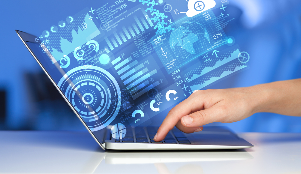 Modern notebook computer with future technology media symbols-3